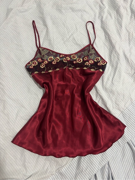 None Tops - Red Satin Floral-Trim Slip Tank